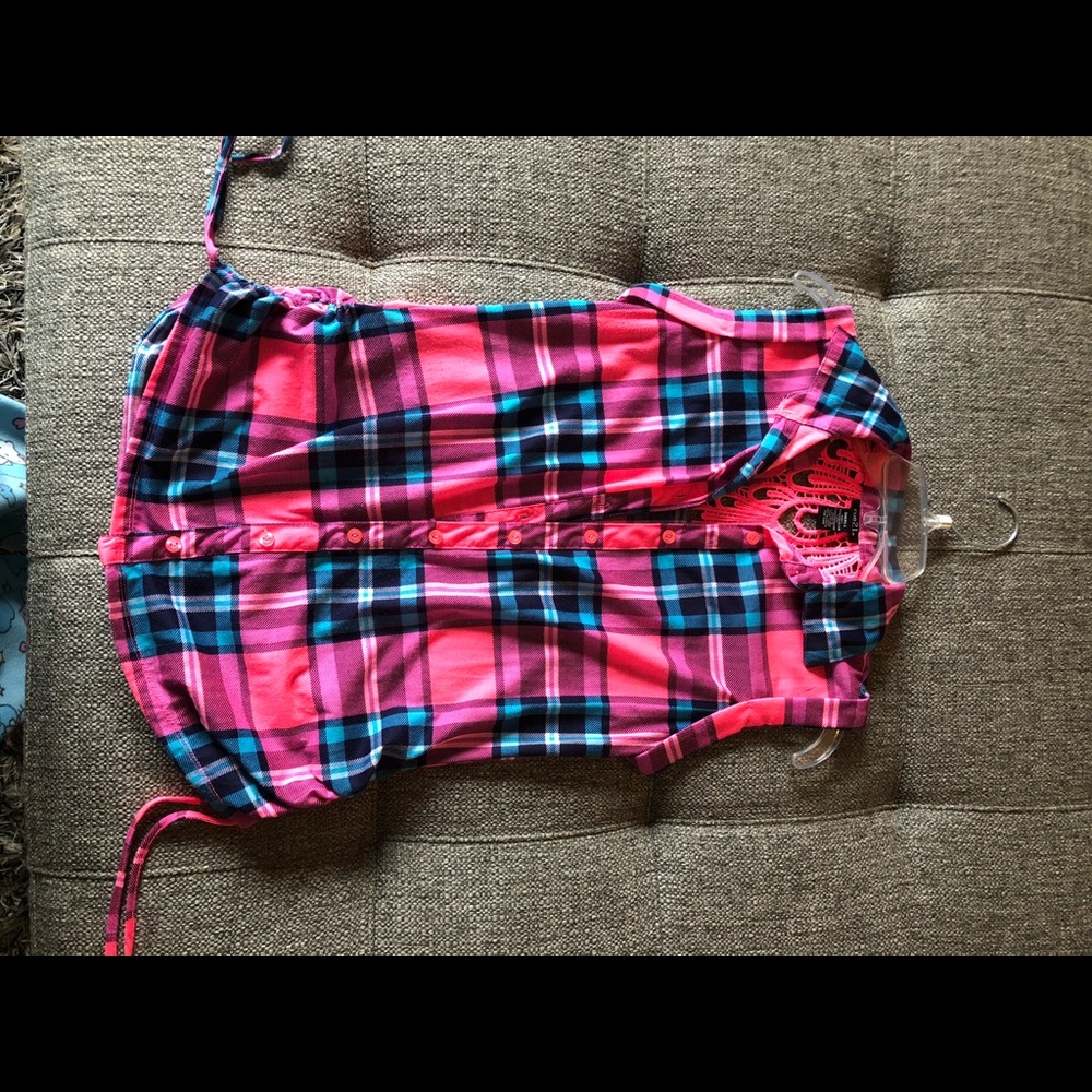 Pink and blue plaid muscle tee